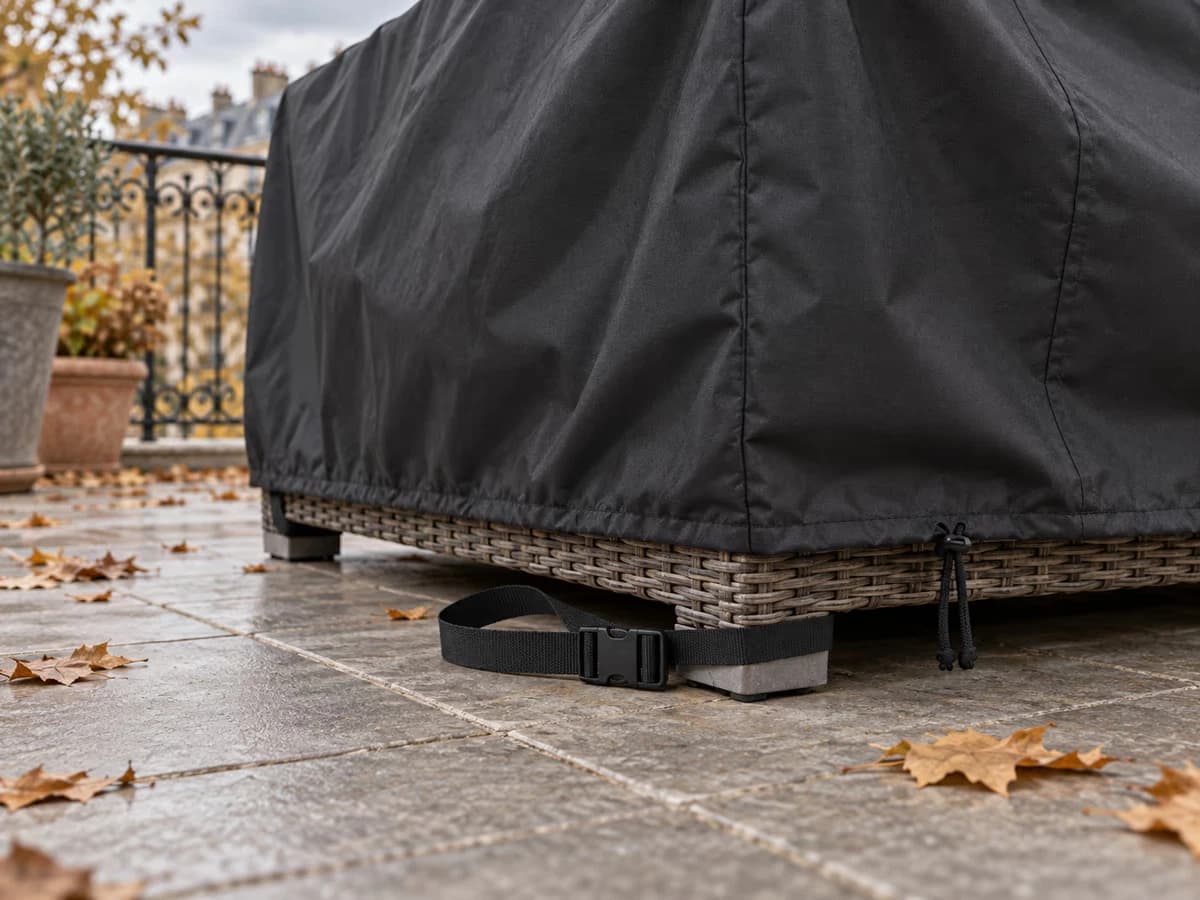 Sangle plate passée autour des pieds d'un salon de jardin en résine tressée sous une housse noire à cordon, balcon en fin d'automne
