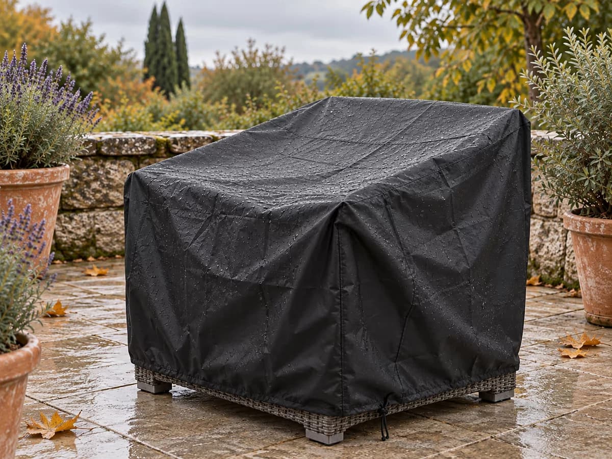 Housse de salon de jardin noire à cordon tendue sur un ensemble en résine tressée, gouttes d'eau perlant sur la toile après un jet doux, terrasse d'automne