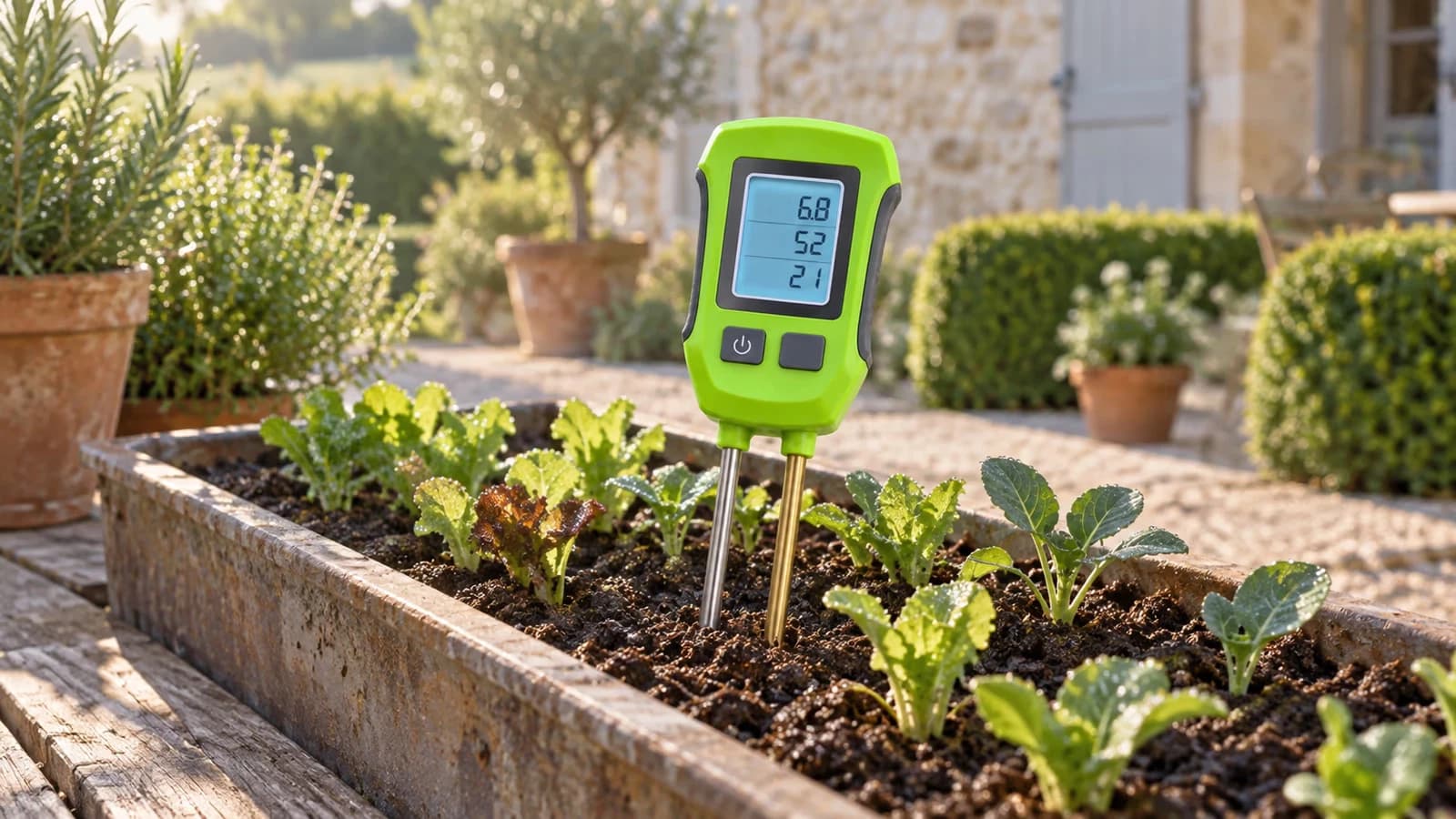 Humidimètre numérique planté dans une jardinière de jeunes pousses, écran rétroéclairé visible dans la lumière douce du matin