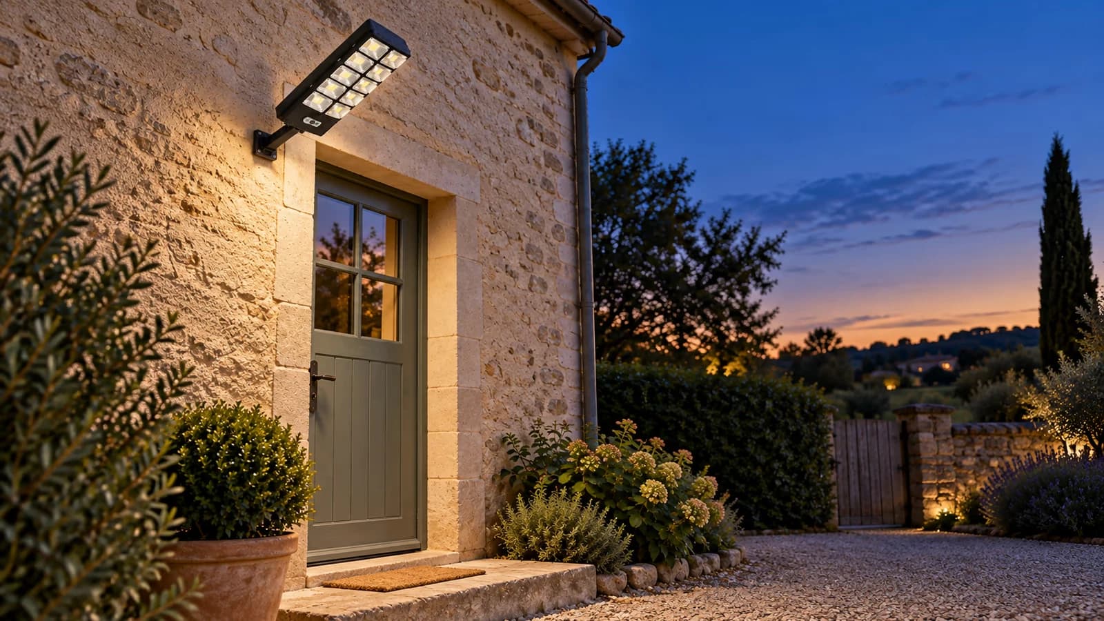 Applique solaire noire fixée sur son bras articulé au-dessus d'une porte de service en bois, allumée au crépuscule, faisceau dirigé vers le pas de porte