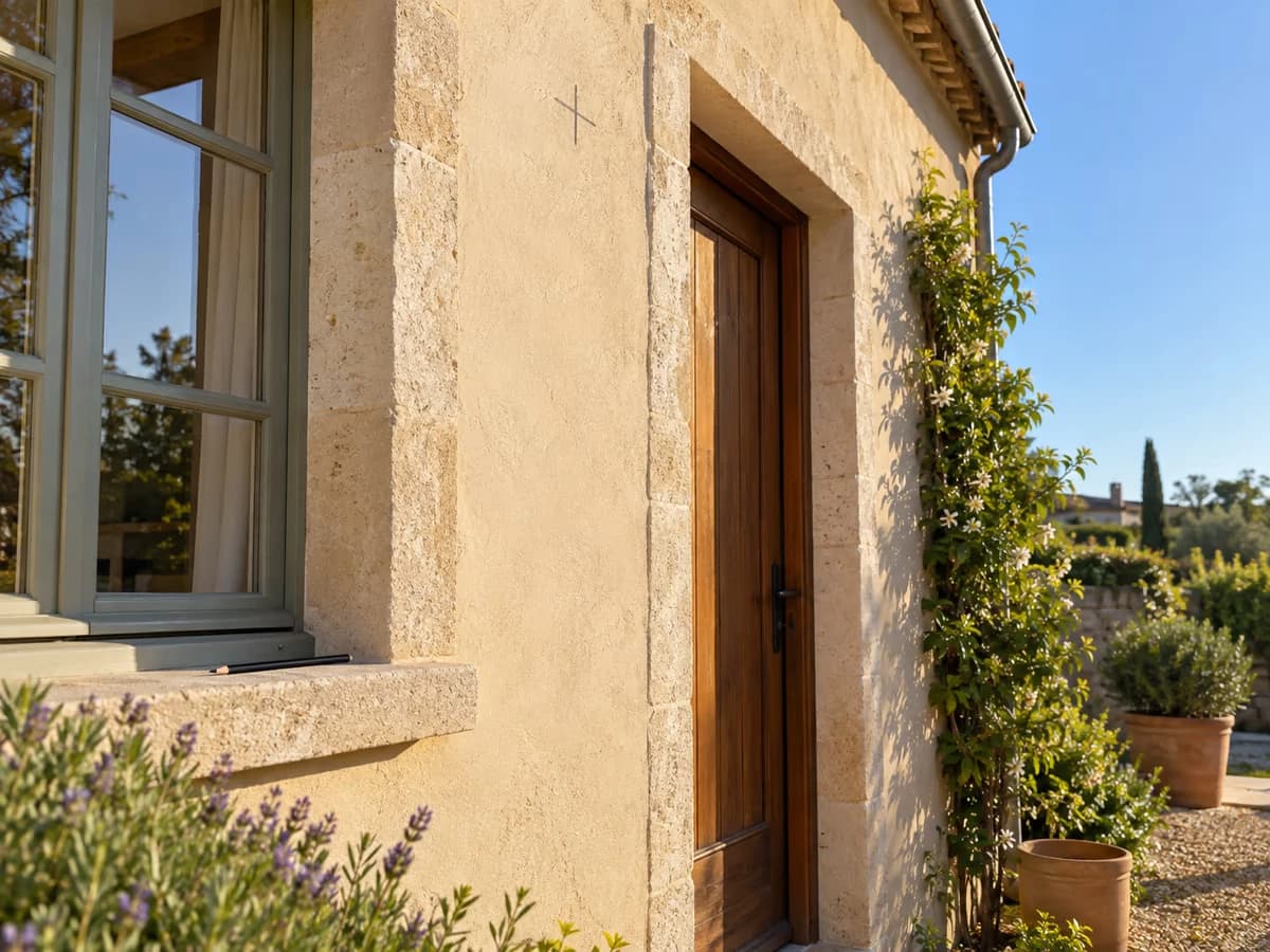 Façade de maison en fin d'après-midi, emplacement au-dessus d'une porte de service repéré au crayon de bois sur l'enduit, ciel dégagé au-dessus du mur