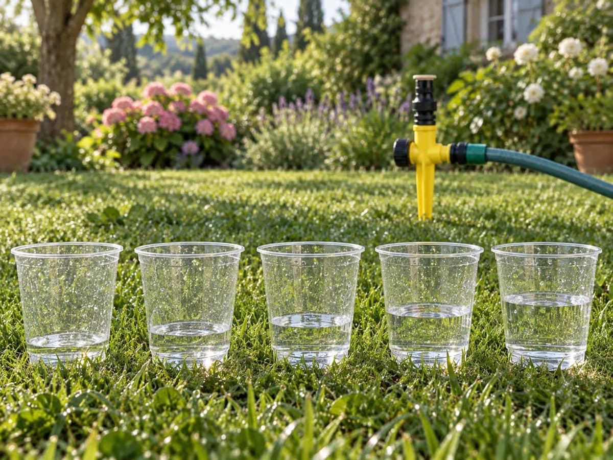 Cinq gobelets transparents alignés sur une pelouse mouillée, chacun contenant une hauteur d'eau différente, arroseur en arrière-plan