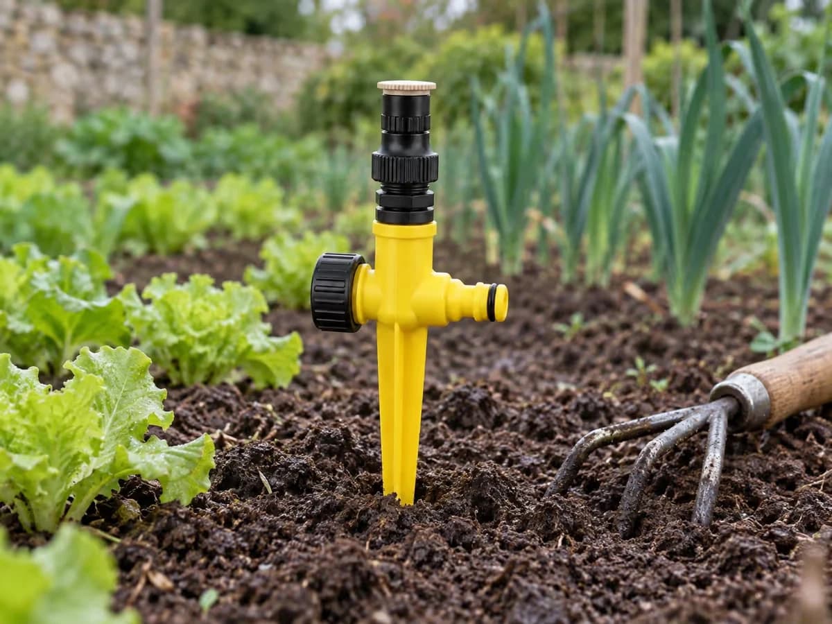 Piquet d'arroseur vert enfoncé verticalement dans une terre de potager humide et friable, traverse jaune au sommet