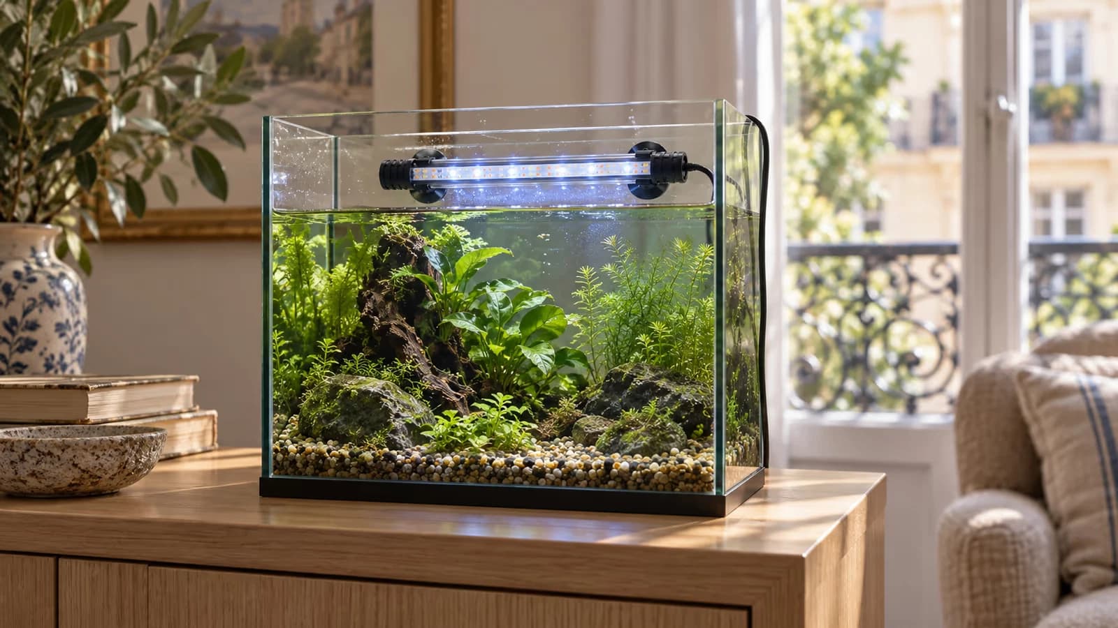 Barre LED de 18 cm fixée par ventouses sur la vitre d'un petit aquarium planté