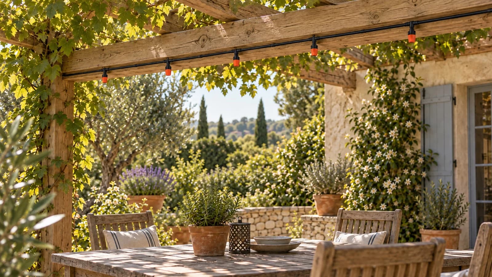 Kit de brumisation posé sous une pergola en bois, tuyau noir fixé par colliers et cinq buses orange orientées vers le coin repas
