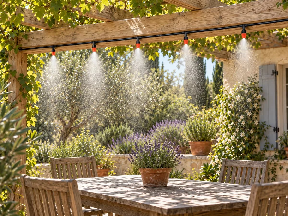 Ligne de brumisation en fonctionnement sous une pergola, fine brume sortant des cinq buses orange au-dessus d'une table de terrasse