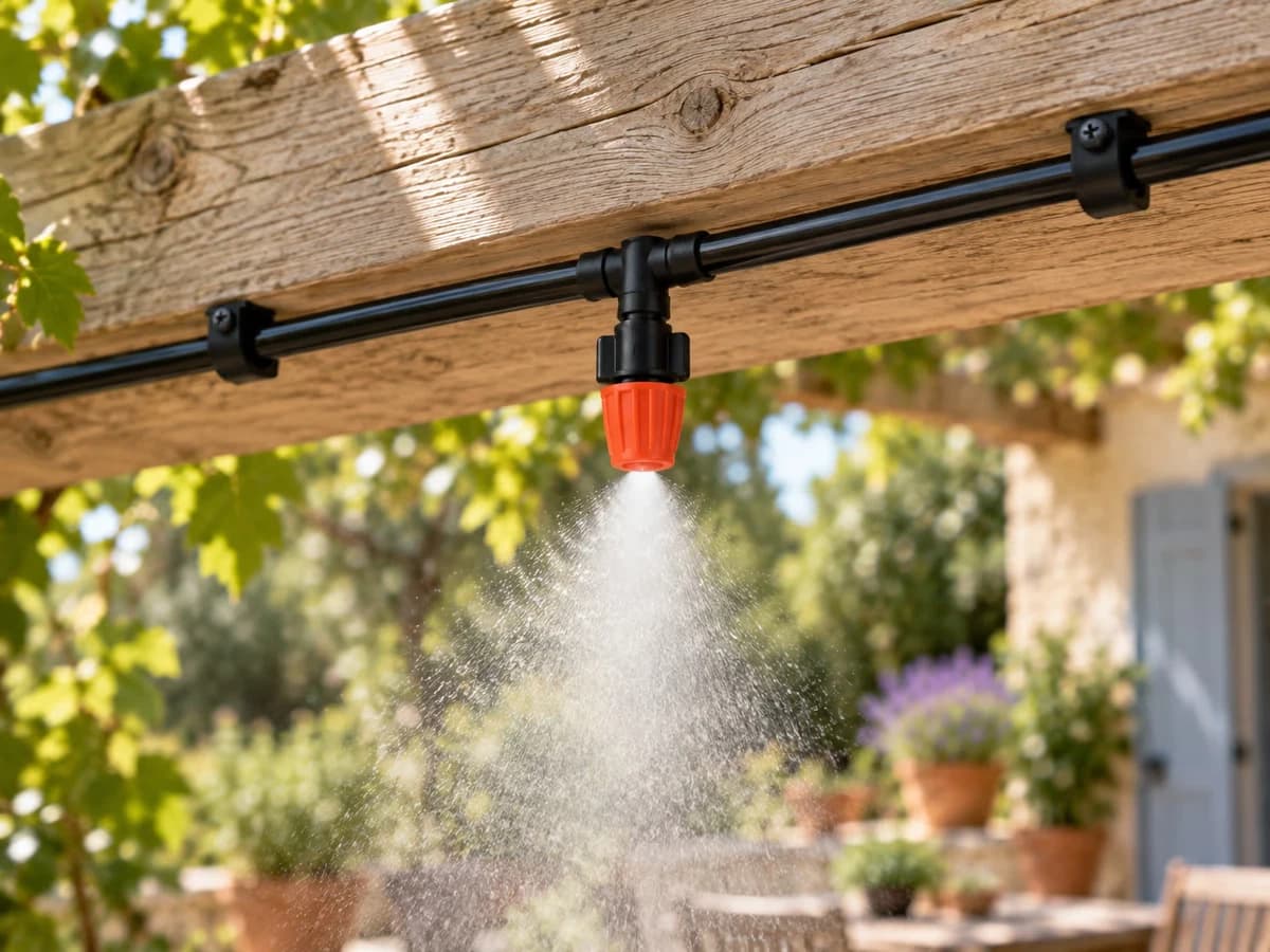 Colliers plastique noirs tenant un tuyau de brumisation le long d'une poutre en bois de pergola