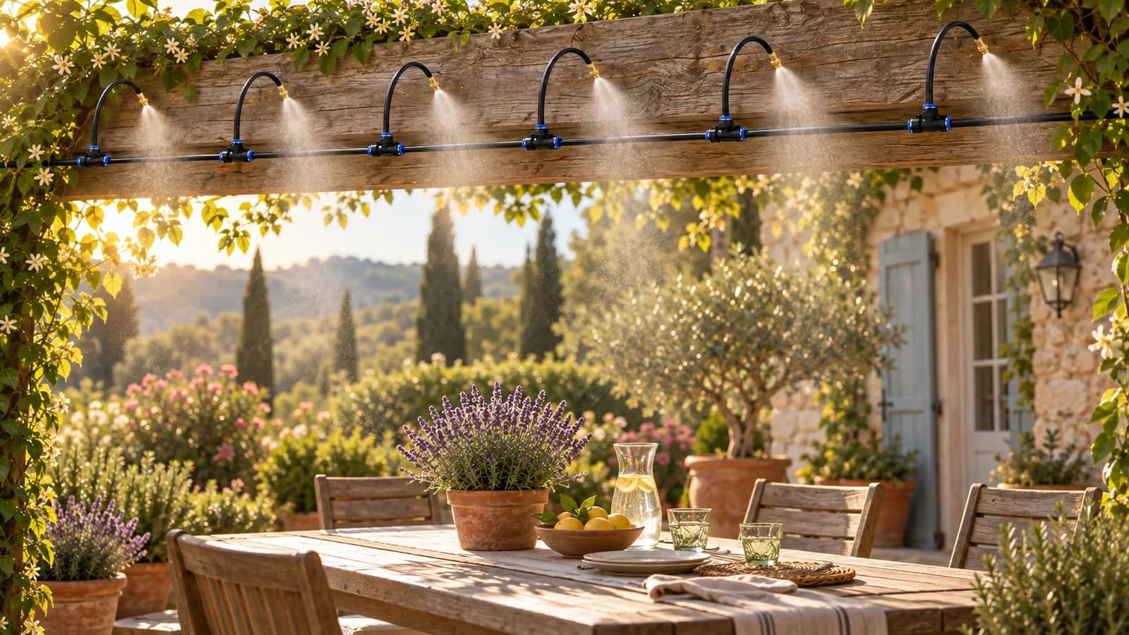 Ligne de brumisation fixée en hauteur sous une pergola de terrasse en bois, brume fine suspendue au-dessus d'une table de jardin