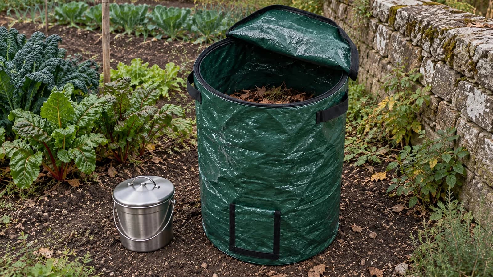 Composteur souple vert foncé déplié à la mi-ombre d'un coin de potager, seau de cuisine posé au pied, couvercle à glissière ouvert