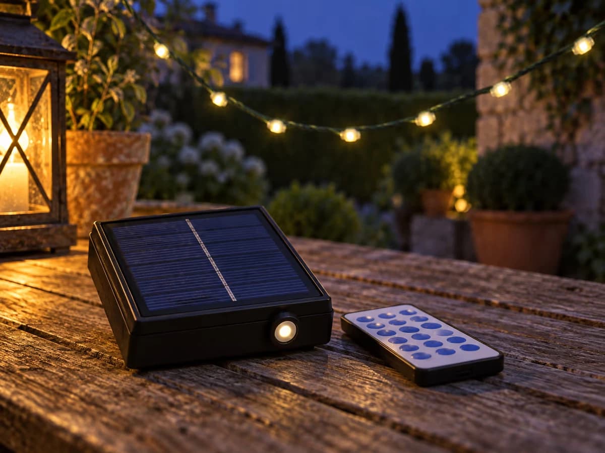 Boîtier de commande à bouton rétroéclairé et télécommande posés sur une table de jardin en bois, guirlande de points lumineux blanc chaud allumée en arrière-plan au crépuscule
