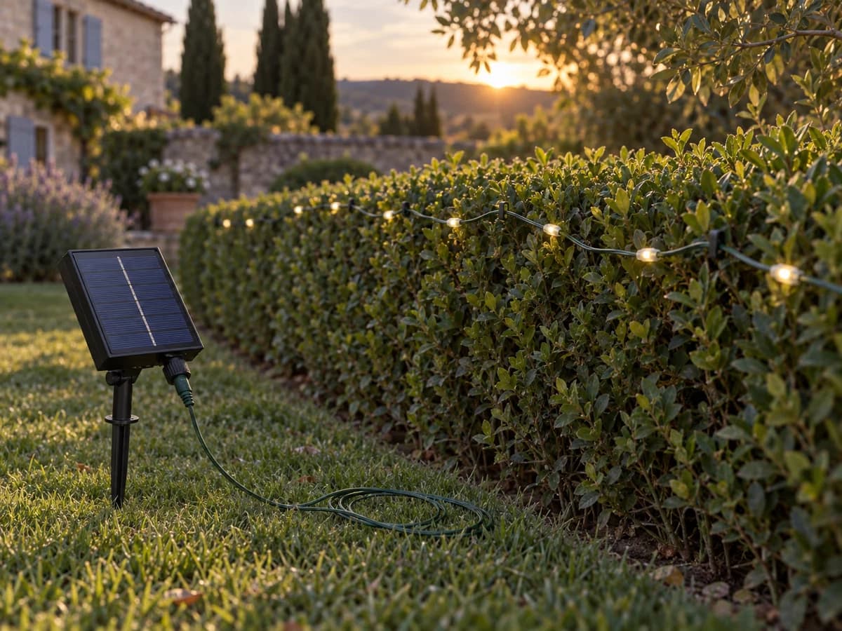 Câble vert de guirlande solaire en cours de déroulement le long d'une haie taillée, attaches discrètes posées dans le branchage, fin d'après-midi