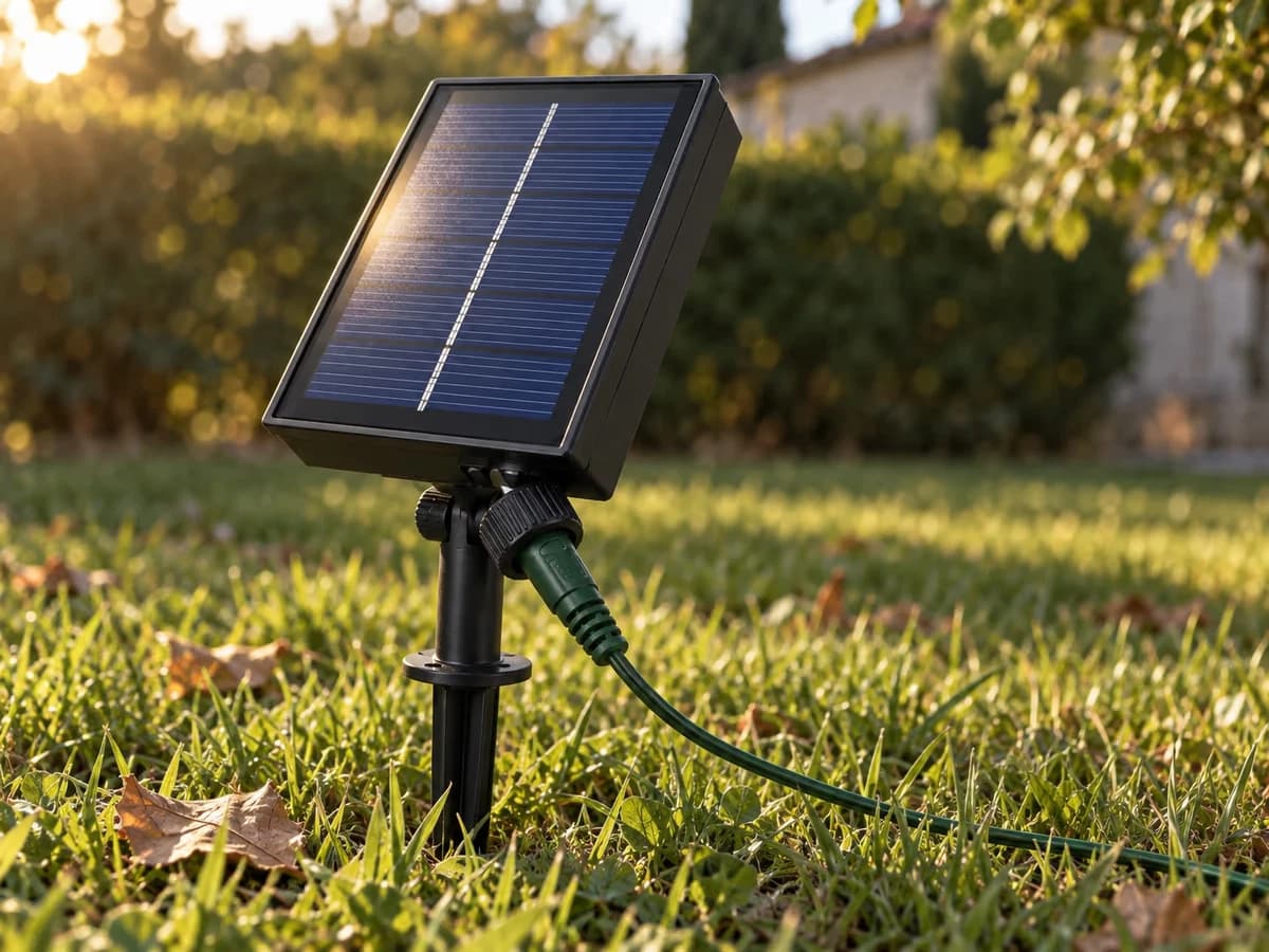 Gros plan du panneau solaire carré fixé sur son piquet à collerette dans une pelouse, molette crantée desserrée, face vitrée tournée vers le sud en fin d'après-midi