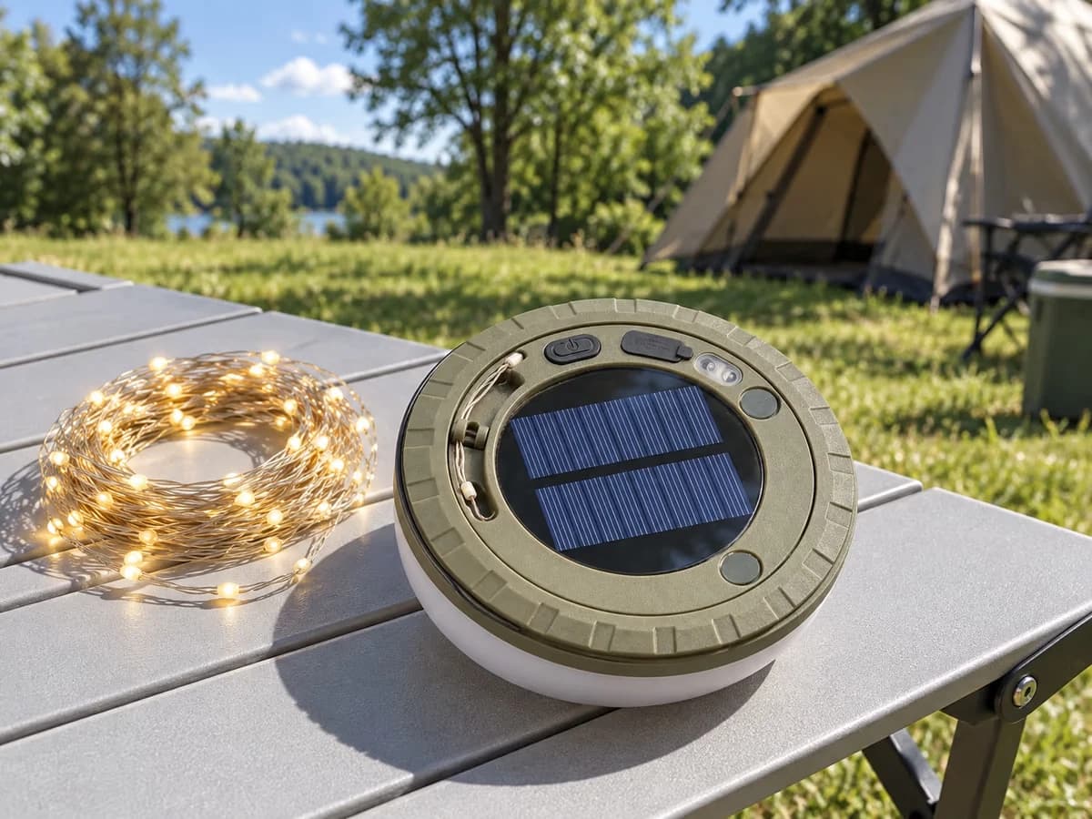 Boîtier de guirlande solaire posé à plat sur une table de camping au soleil, panneau bleu en damier tourné vers le ciel, tente montée en arrière-plan