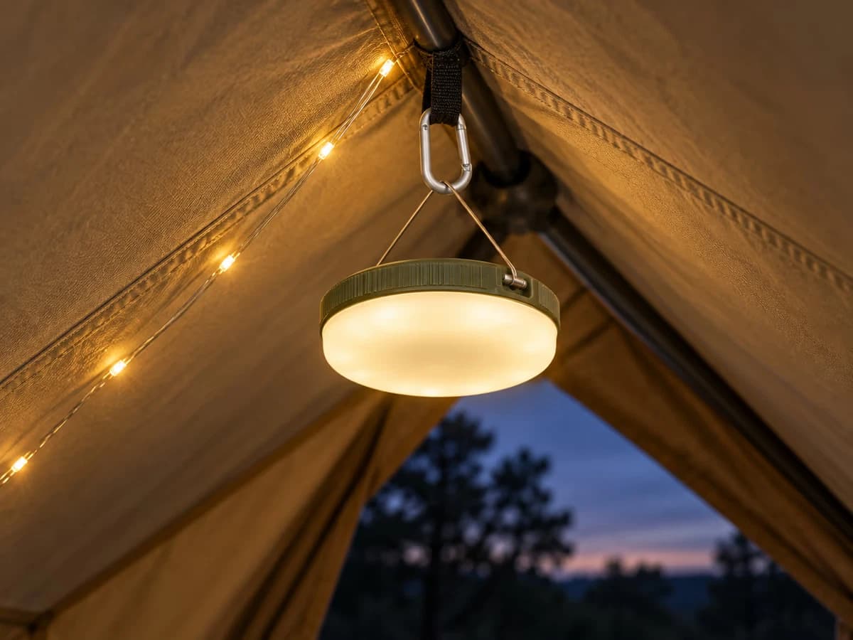 Mousqueton léger passé dans la boucle de faîtage d'une tente deux places, boîtier de lampe solaire suspendu par son fil juste dessous