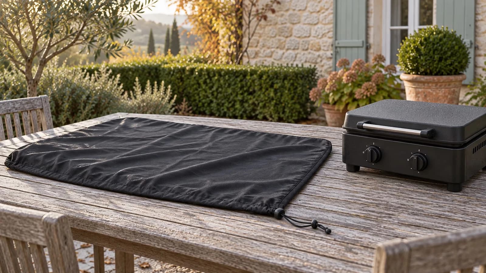 Housse de barbecue noire dépliée à plat sur une table de terrasse à côté d'une plaque de cuisson éteinte, lumière de matin