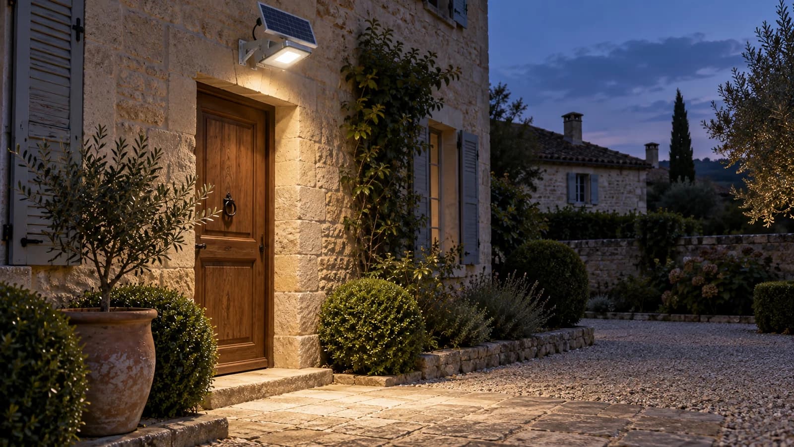 Lampadaire solaire en aluminium fixé au-dessus d'une entrée de maison, panneau dressé au-dessus du corps par son bras, à la tombée du jour