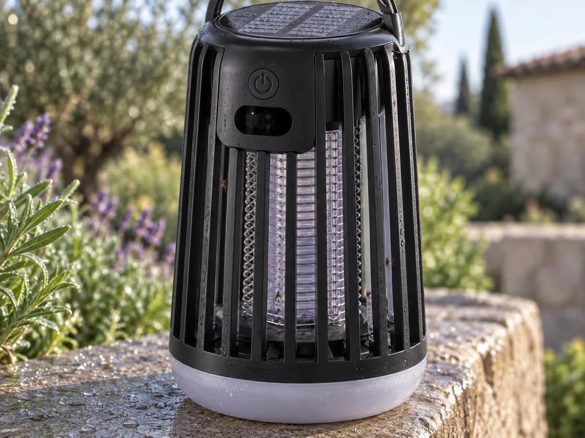 Grille d'une lampe anti moustique examinée au matin sur un muret, quelques insectes retenus entre les mailles