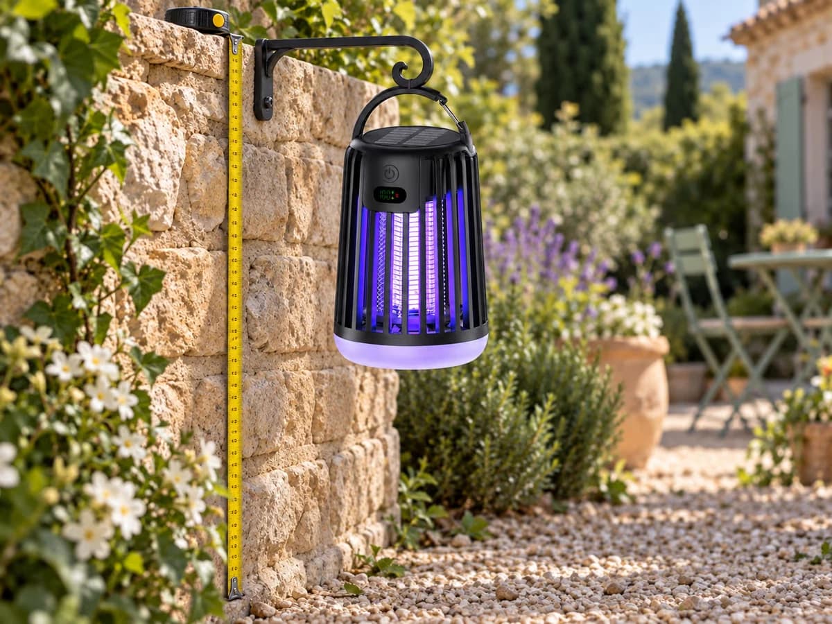 Mètre ruban tendu le long d'un muret de jardin, grille d'une lampe anti moustique suspendue juste au-dessus, à hauteur de table