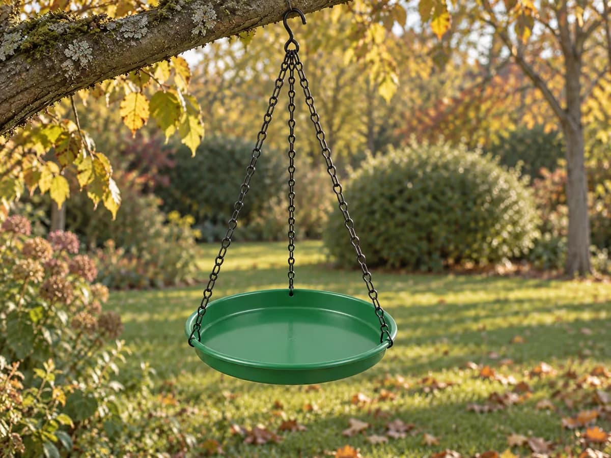 Plateau de mangeoire vert suspendu à trois chaînes à une branche horizontale, à quelques mètres d'un buisson, lumière d'automne