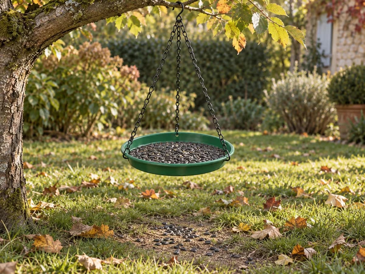 Couche fine de graines de tournesol étalée sur un plateau de mangeoire suspendu neuf, poignée de graines semée au sol dessous
