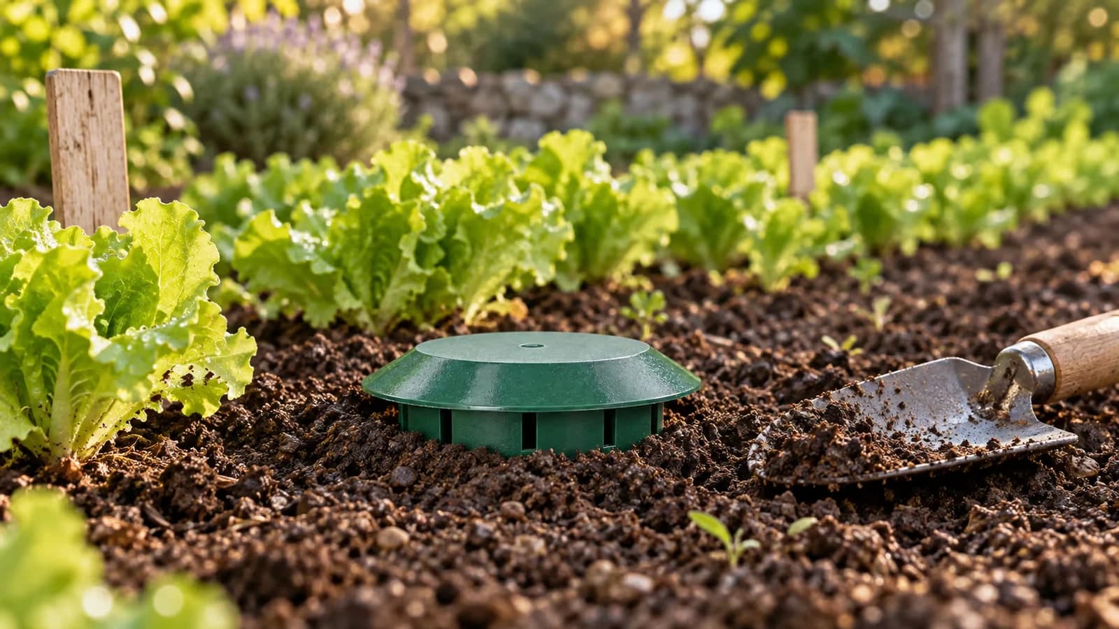 Godet vert à couvercle conique posé dans un trou de terre au bord d'un rang de jeunes salades, terre tassée autour