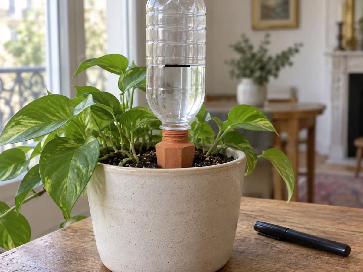 Bouteille transparente vissée sur une pique en terre cuite dans un pot d'intérieur, trait de marqueur au niveau de l'eau
