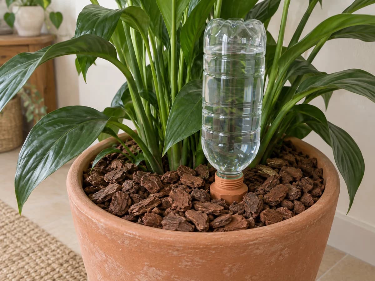 Surface d'un pot de plante verte paillée d'écorces de pin, bouteille vissée sur la pique en terre cuite dépassant du paillis