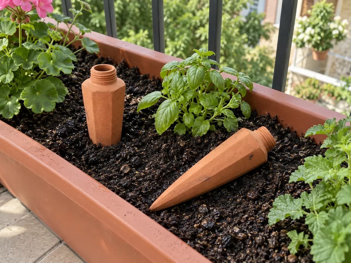 Pique en terre cuite plantée verticalement dans le substrat humide d'une jardinière, seconde pique posée à côté