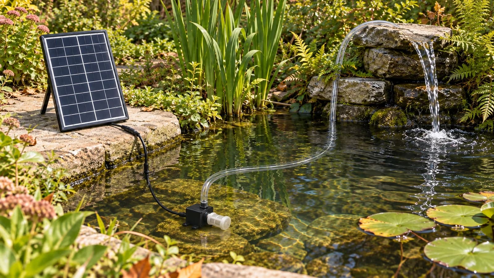 Panneau solaire incliné au bord d'un bassin, câble noir vers l'eau, tuyau transparent ressortant derrière des pierres plates