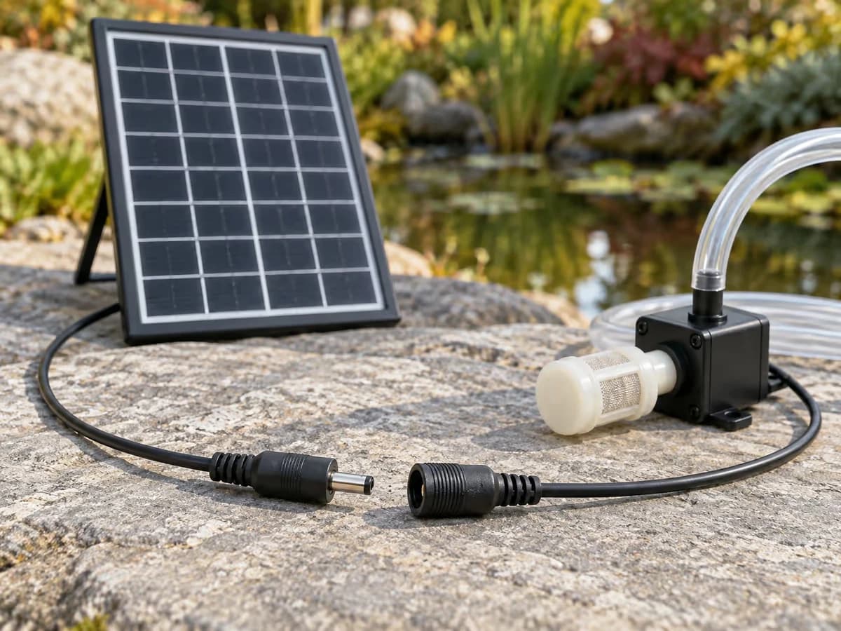 Connecteur cylindrique noir à visser posé sur une pierre sèche de berge, deux bouts de câble noir en attente de raccord