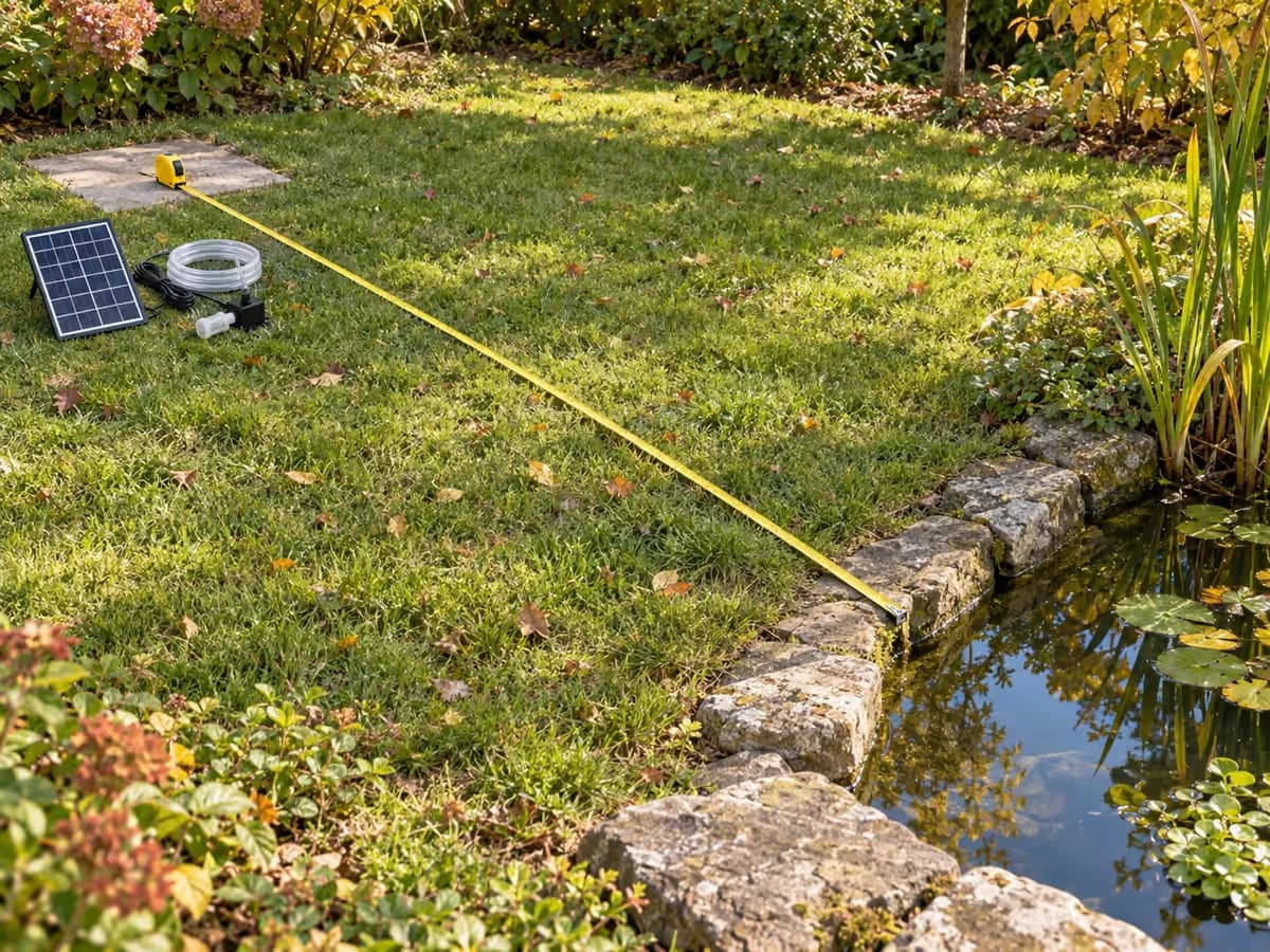 Mètre ruban déroulé sur une berge enherbée entre l'emplacement prévu d'un panneau solaire et le bord d'un bassin