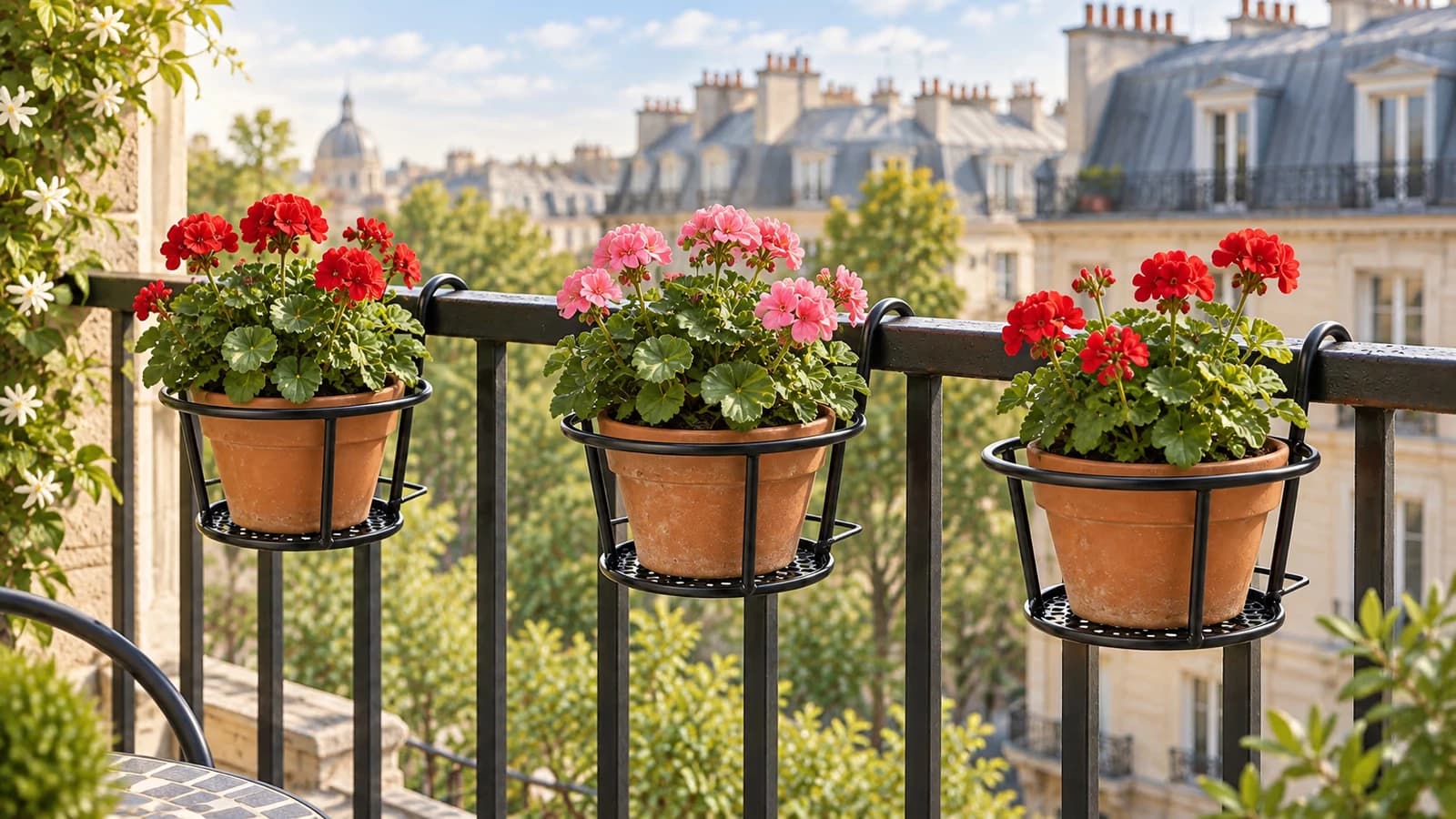 Trois supports noirs alignés sur la main courante d'un balcon, pots de géraniums rouges, façades claires en arrière-plan, matin d'été