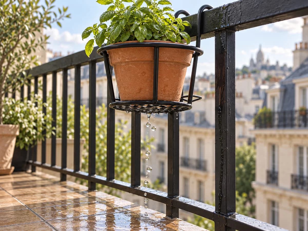 Gouttes d'eau traversant la platine ajourée d'un support posé sur une rambarde, trace humide sur la lisse et le sol en dessous
