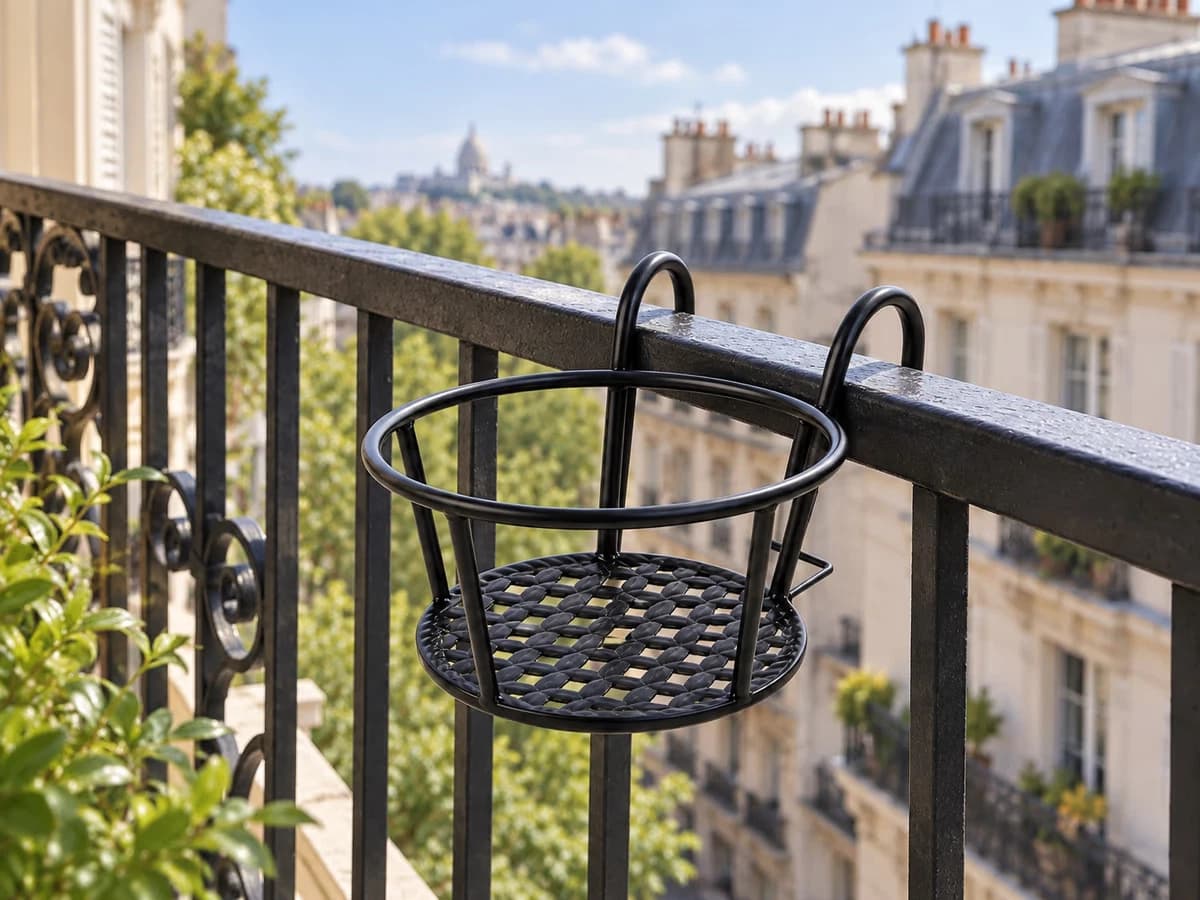 Support métallique noir vide posé à cheval sur une main courante plate, cerceau dans le vide, balcon de ville en arrière-plan flou