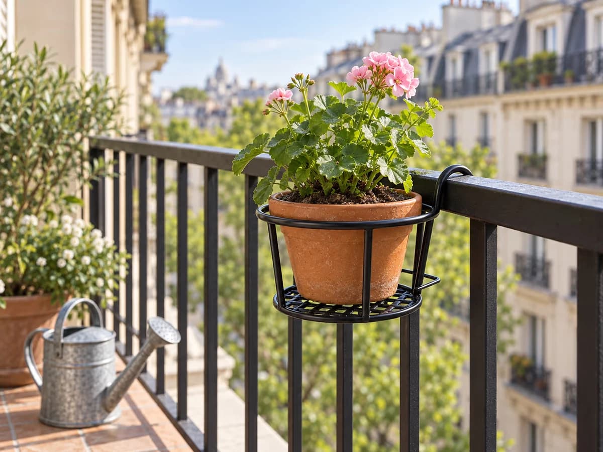 Pot de terre cuite garni de terreau humide descendu dans un cerceau métallique noir, plant de géranium, arrosoir posé au sol du balcon