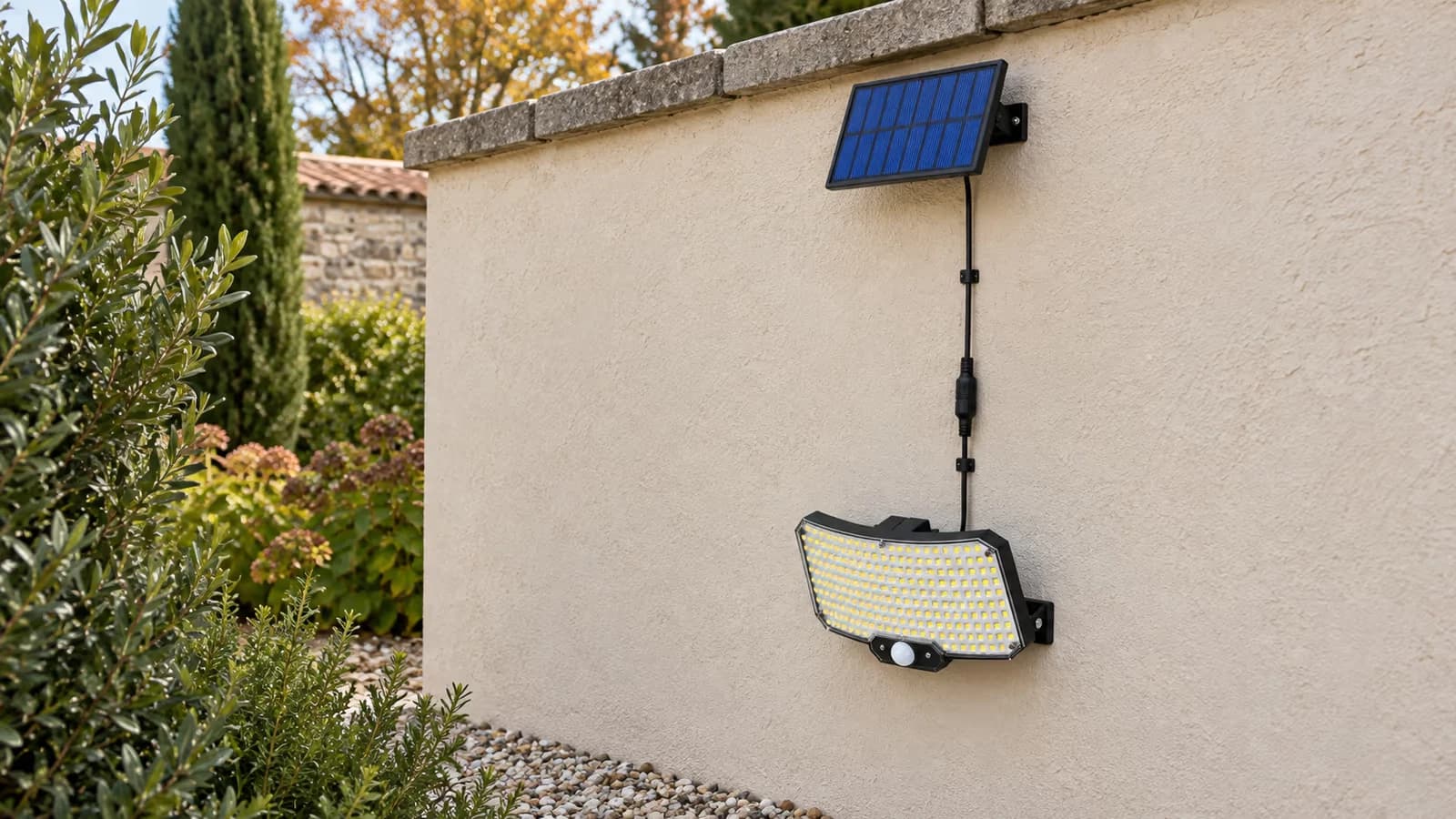 Projecteur solaire noir fixé sur un mur de cour, son panneau déporté posé plus haut sur le même mur, câble noir cheminant entre les deux