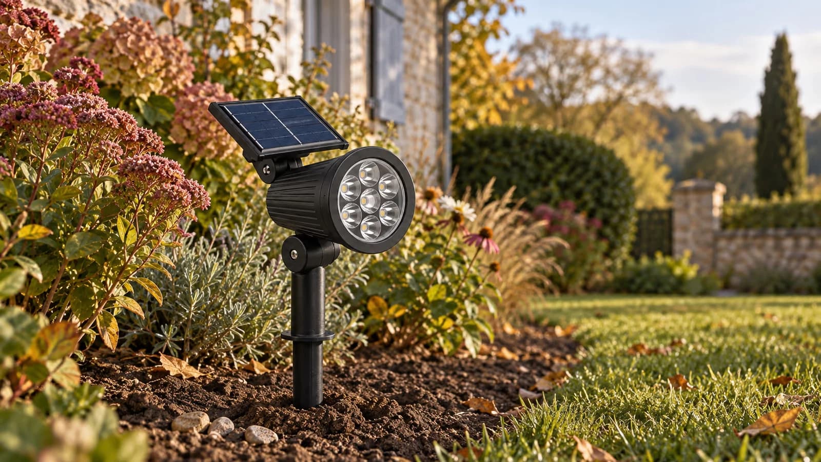 Projecteur solaire noir planté sur son piquet dans une terre meuble, tête cylindrique surmontée d'un panneau rectangulaire incliné