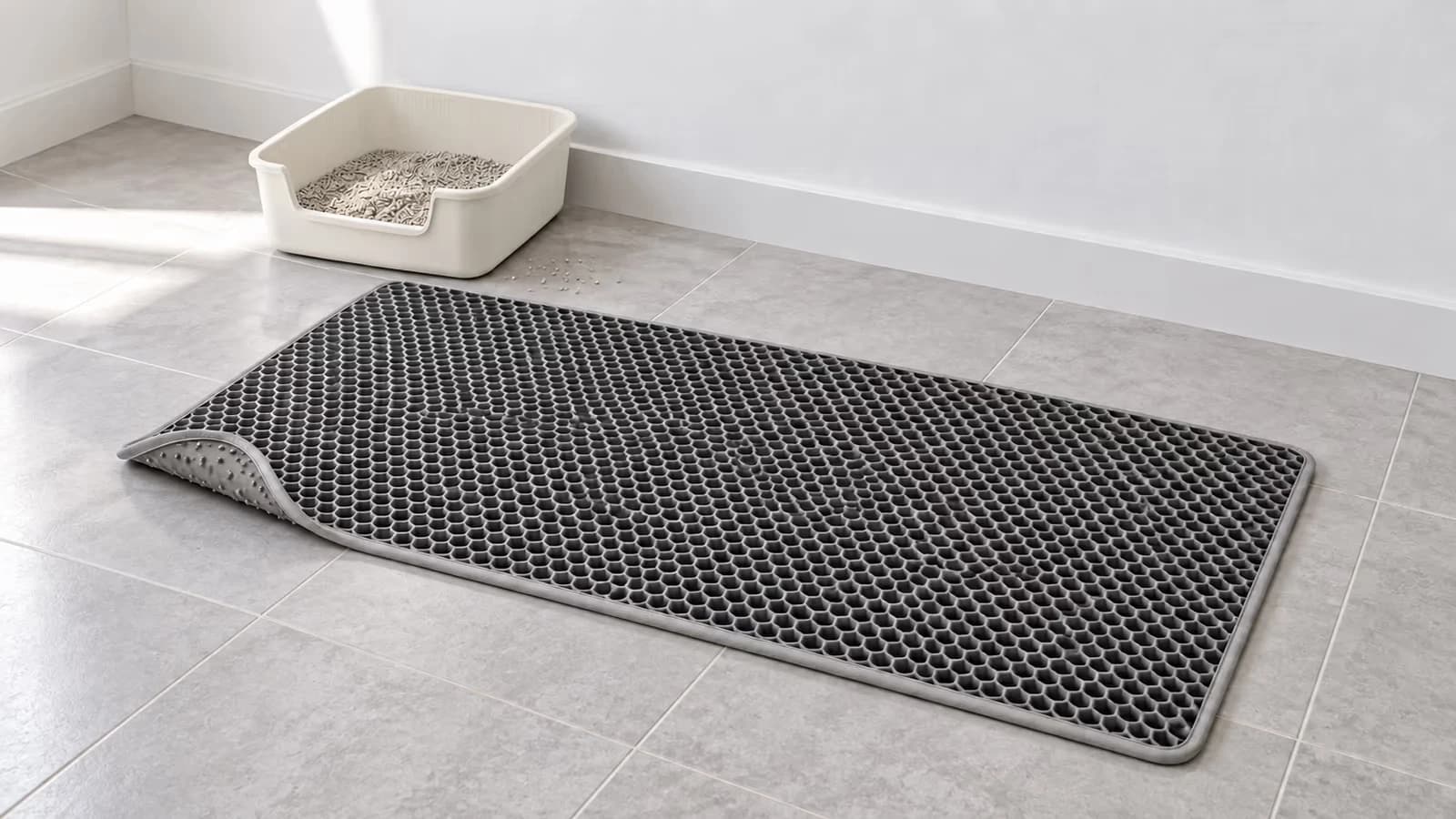 Tapis de récupération gris 120 x 70 cm déplié au pied d'un bac de propreté dans une buanderie claire, alvéoles hexagonales en relief visibles depuis un carrelage nu