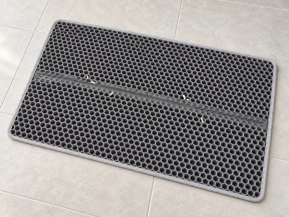Tapis de récupération gris déplié sur carrelage clair, un pli encore marqué en travers de la couche supérieure à alvéoles hexagonales