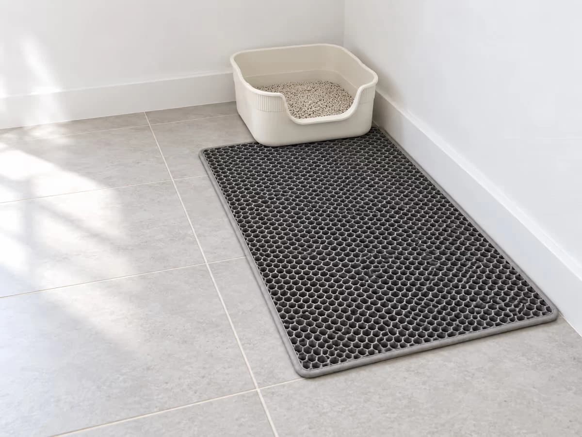 Tapis de récupération gris posé à plat devant la sortie d'un bac de propreté dans un angle de pièce, longueur alignée le long du mur