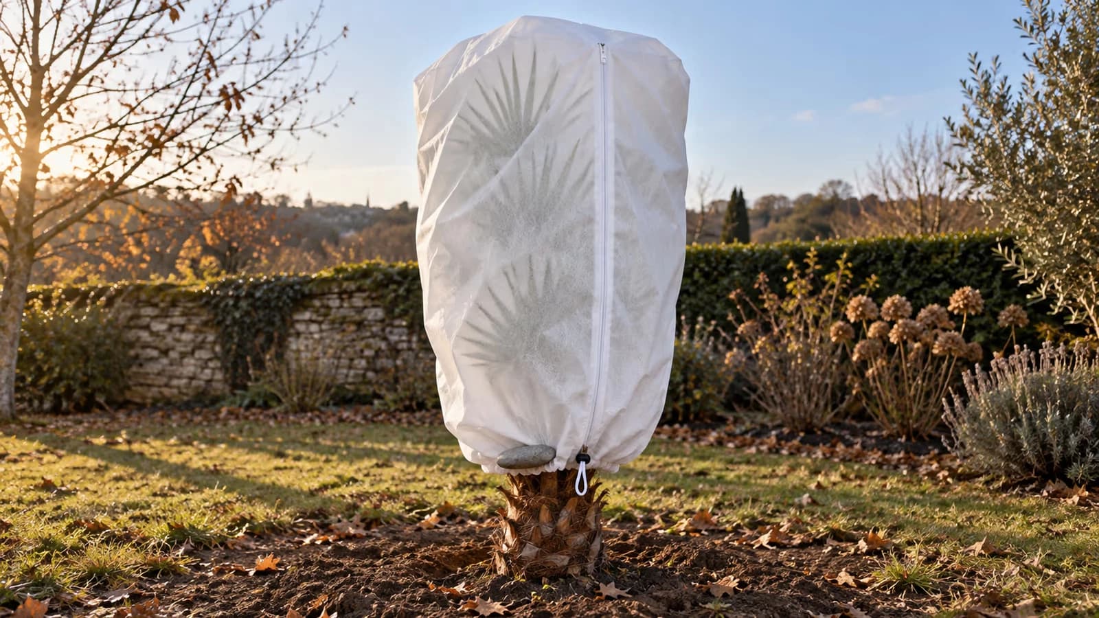 Housse d'hivernage enfilée sur un jeune palmier de jardin en pleine terre, au crépuscule d'une journée d'automne sèche