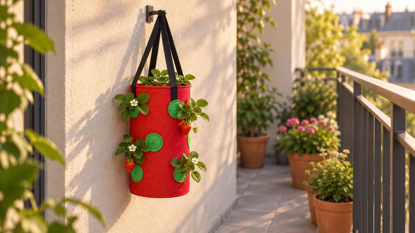 Sac de plantation suspendu en feutre rouge garni de fraisiers, accroché au mur clair d'un balcon étroit au-dessus d'un garde-corps