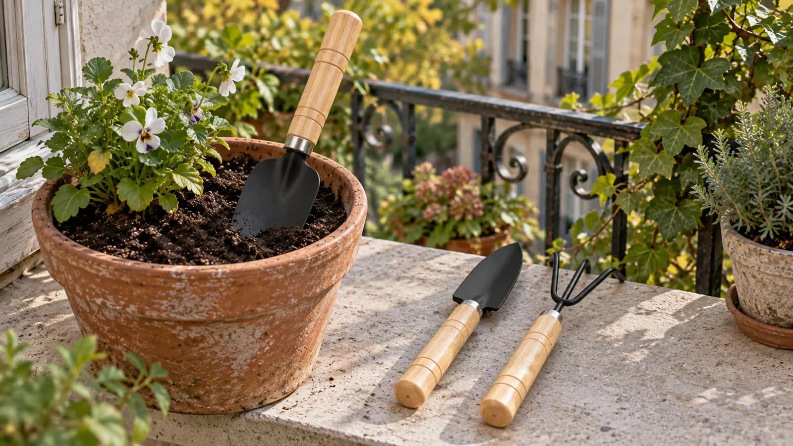 Pot en terre cuite sur un rebord de fenêtre, truelle large plantée dans le terreau humide, truelle étroite et râteau à trois dents posés à côté