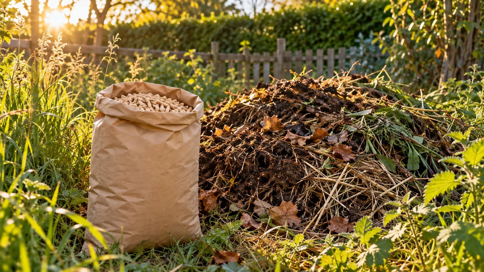 Sachet de litière végétale posé au bord d'un tas de compost entouré d'herbes hautes en fin d'après-midi