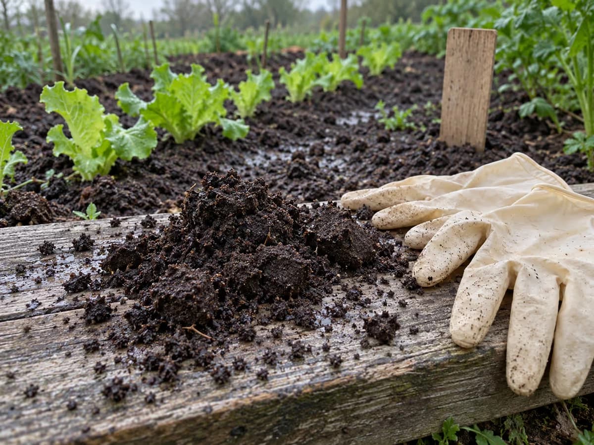 Poignée de terre sombre et humide tenue au-dessus d'une planche de potager à côté de gants de jardinage en latex