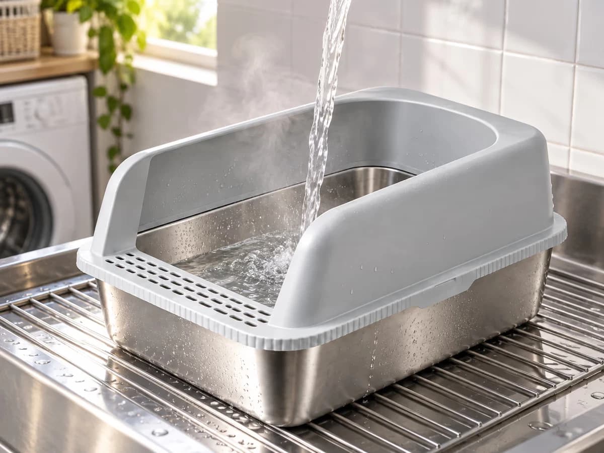 Cuve de bac de propreté en acier inoxydable rinçée au jet d'eau chaude au-dessus d'un égouttoir de buanderie