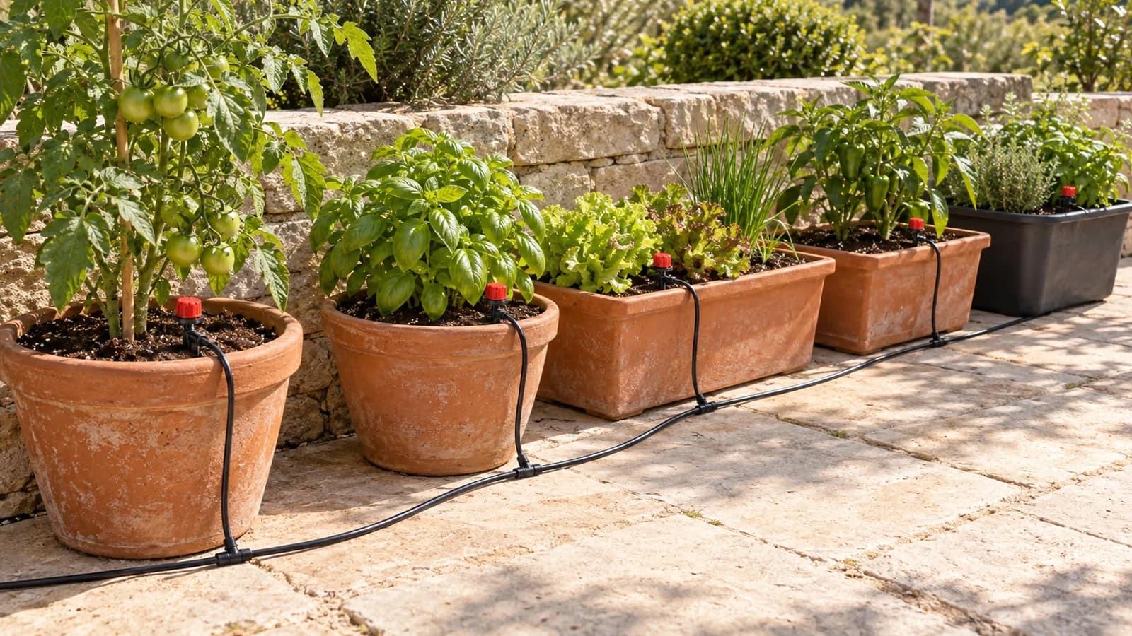 Réseau de micro-irrigation noir reliant des pots et des jardinières de légumes sur une terrasse ensoleillée