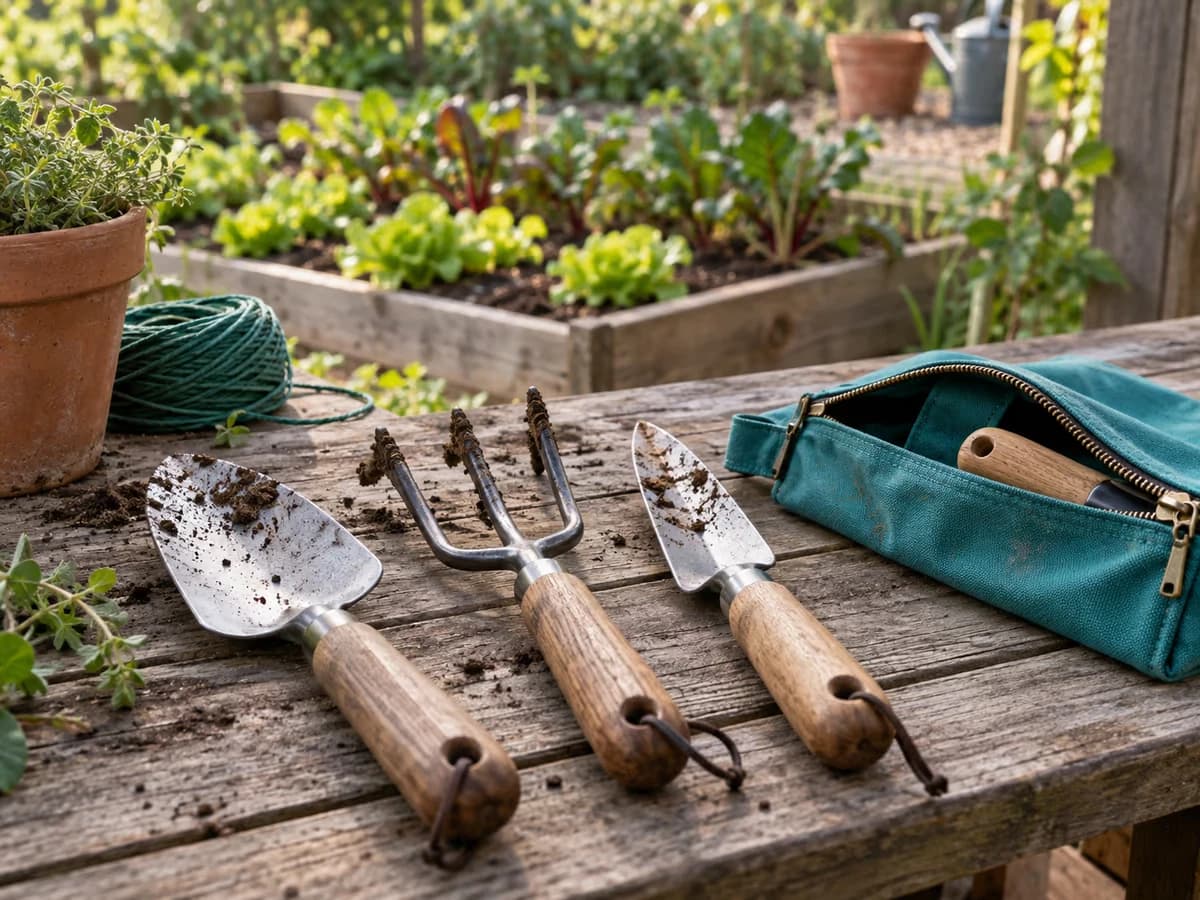 Truelle, griffe à trois dents et transplantoir à manches de bois alignés sur un établi de jardin, pochette à outils en toile turquoise ouverte à côté