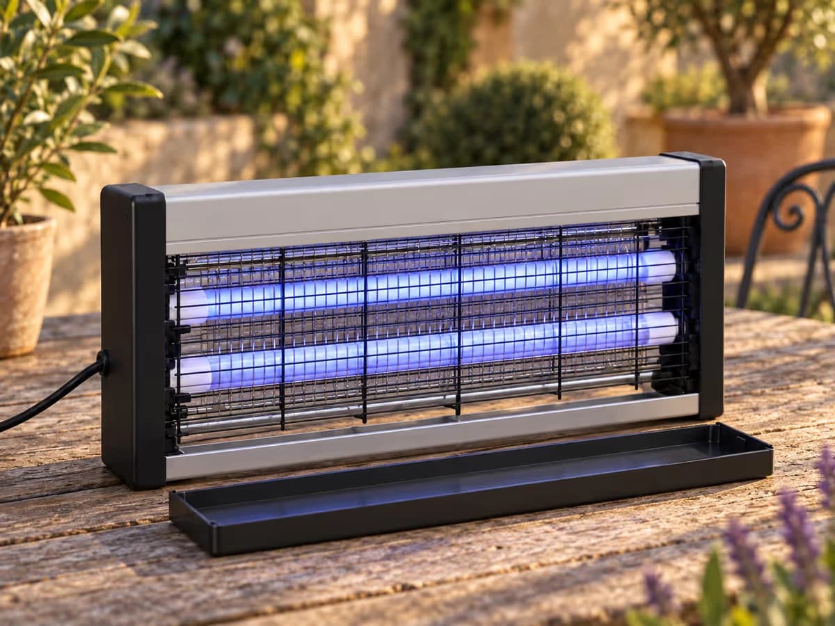 Bac inférieur amovible d'une lampe anti moustique retiré sous le boîtier, façade grillagée et deux tubes UV visibles au-dessus, sur une table en bois