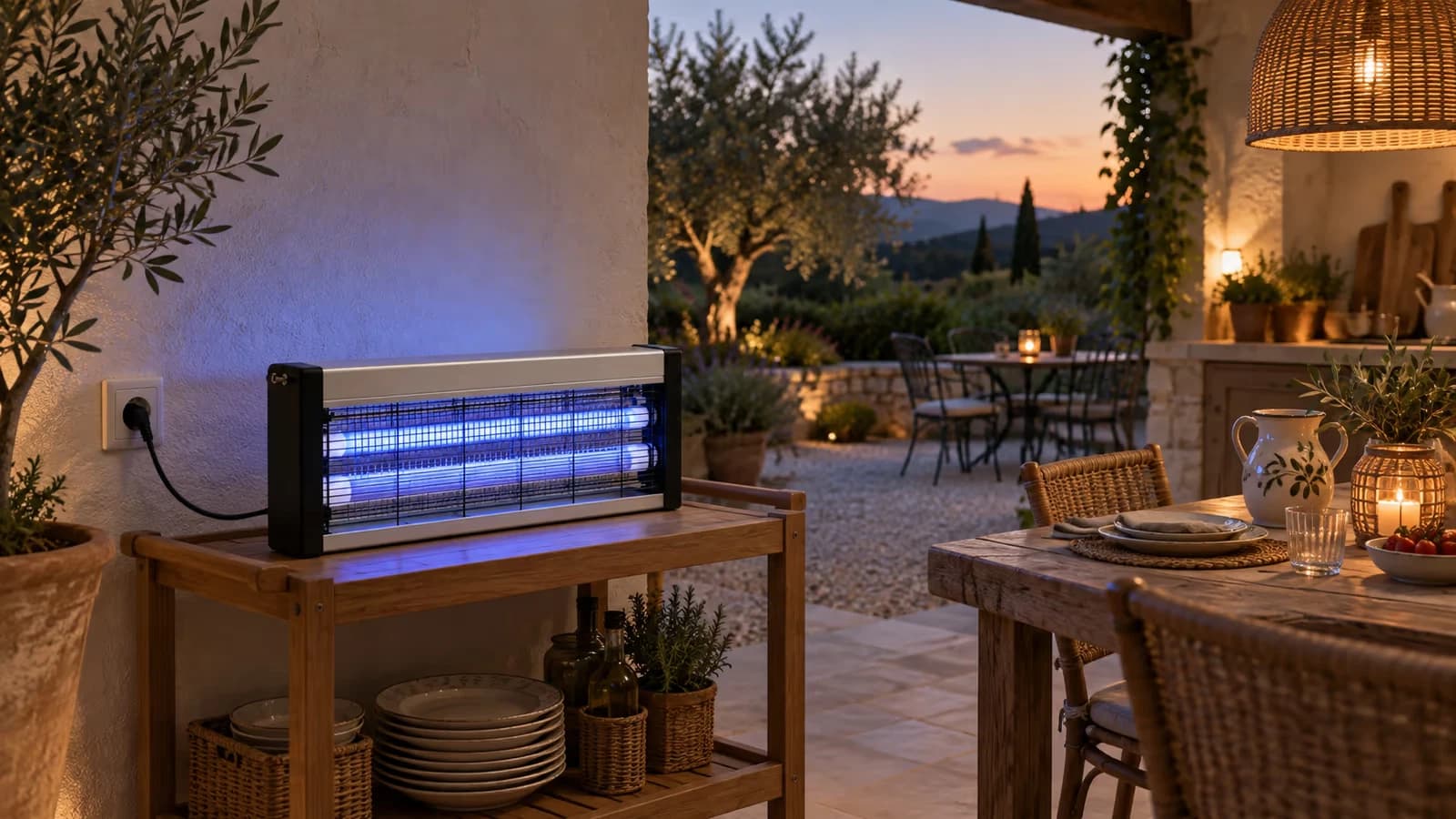 Lampe anti moustique UV posée sur une desserte de cuisine d'été au crépuscule, tubes bleutés allumés derrière la façade grillagée